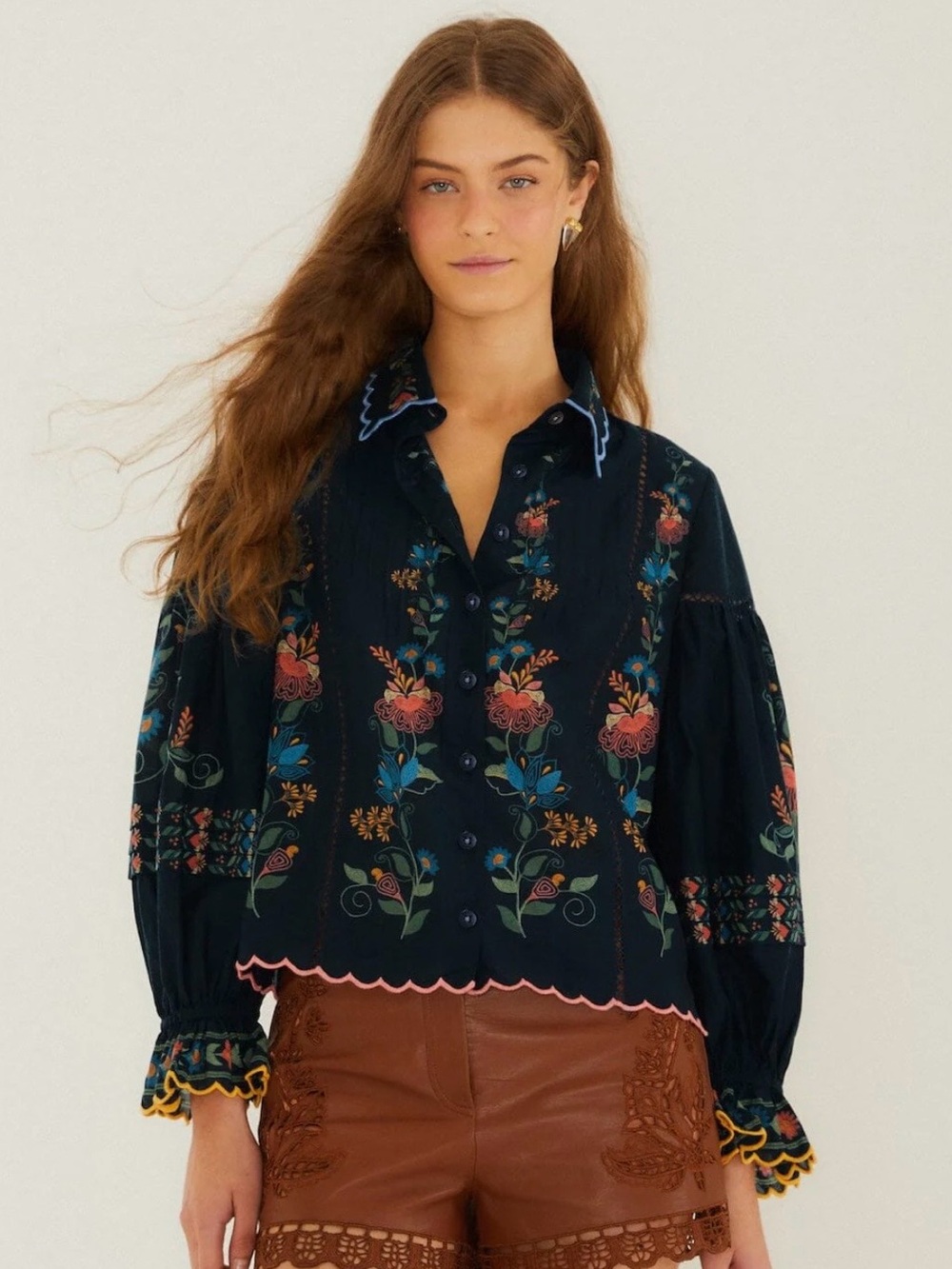FarmRio Navy blue garden wavy hem blouse